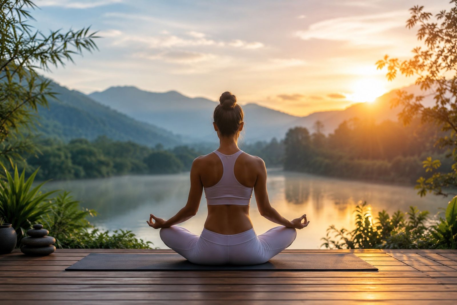 Meditation at sunrise by the river